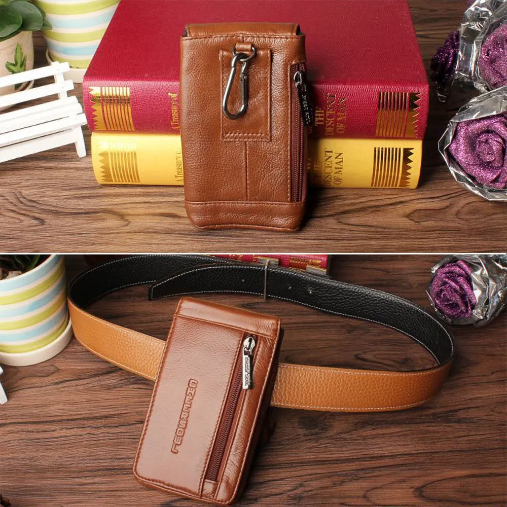 Men Retro Cowhide Waist Bag Casual 5.5/6.3 Inch Phone Front Zipper Pocket Belt