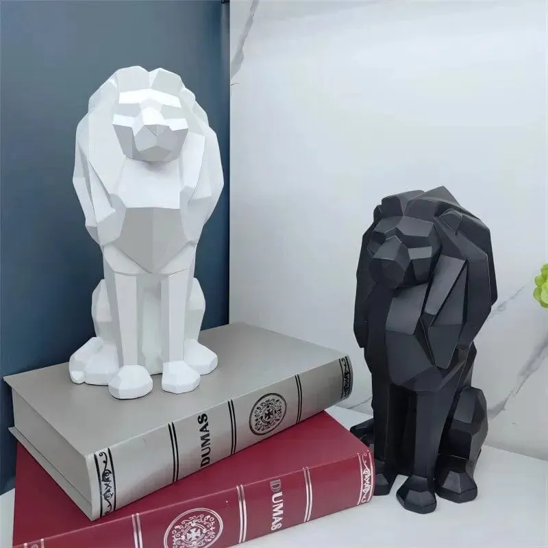 Modern Black and White Resin Lion Sitting Sculpture | Creative Home and Office Décor for Living Room and Study