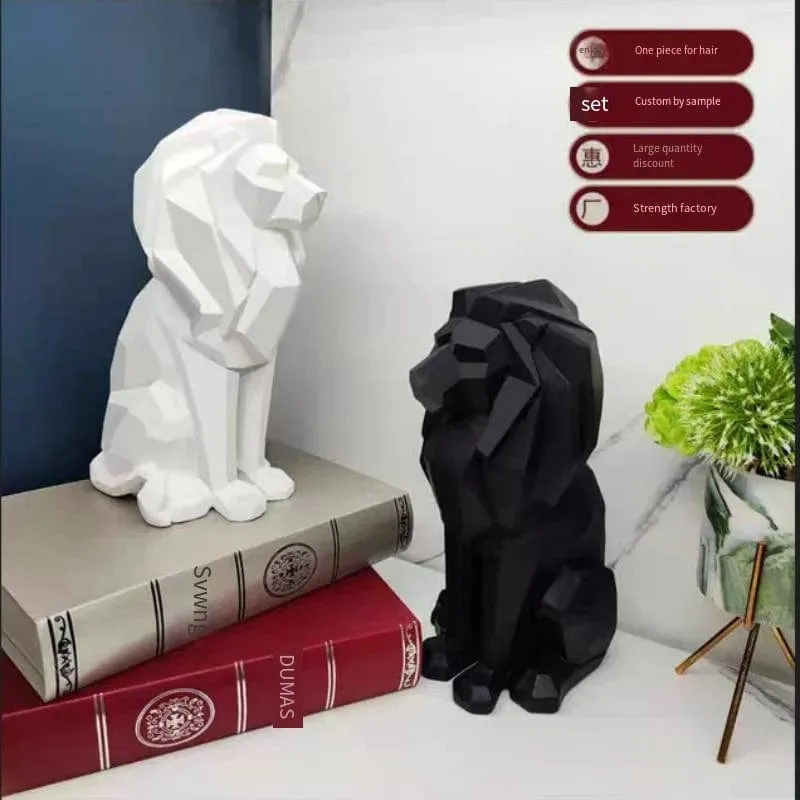 Modern Black and White Resin Lion Sitting Sculpture | Creative Home and Office Décor for Living Room and Study