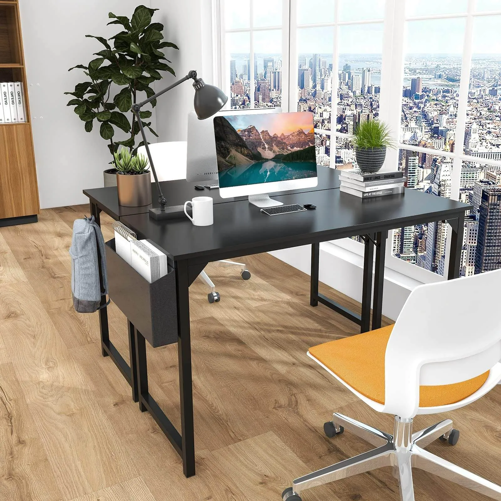 Modern Simple Style Wooden Work Office Desks with Storage Bag and Iron Hook