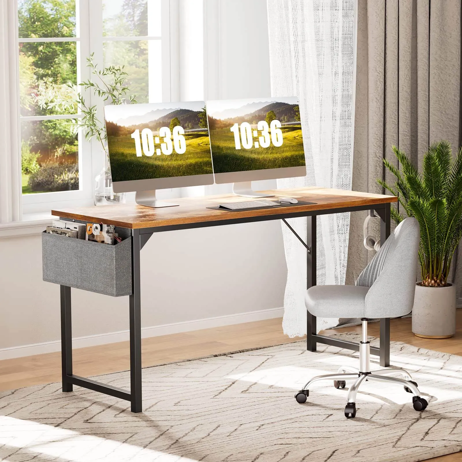 Modern Simple Style Wooden Work Office Desks with Storage Bag and Iron Hook