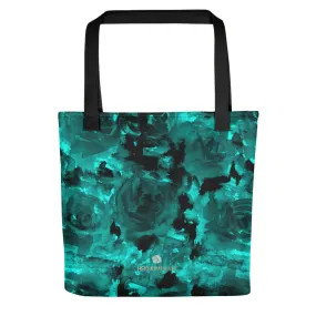 Ocean Blue Rose Tote Bag, Flower Floral Print Designer 15" x 15" Market Tote Bag - Made in USA/EU