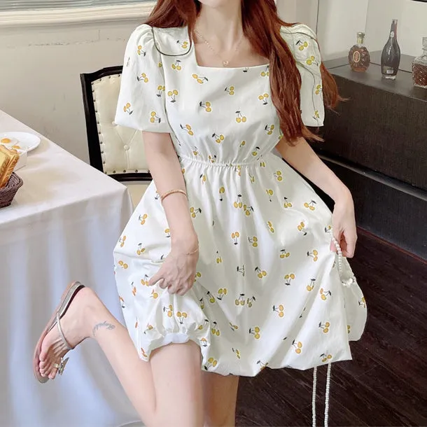 Puff Sleeve Waist Neck Square Neck Floral Dress