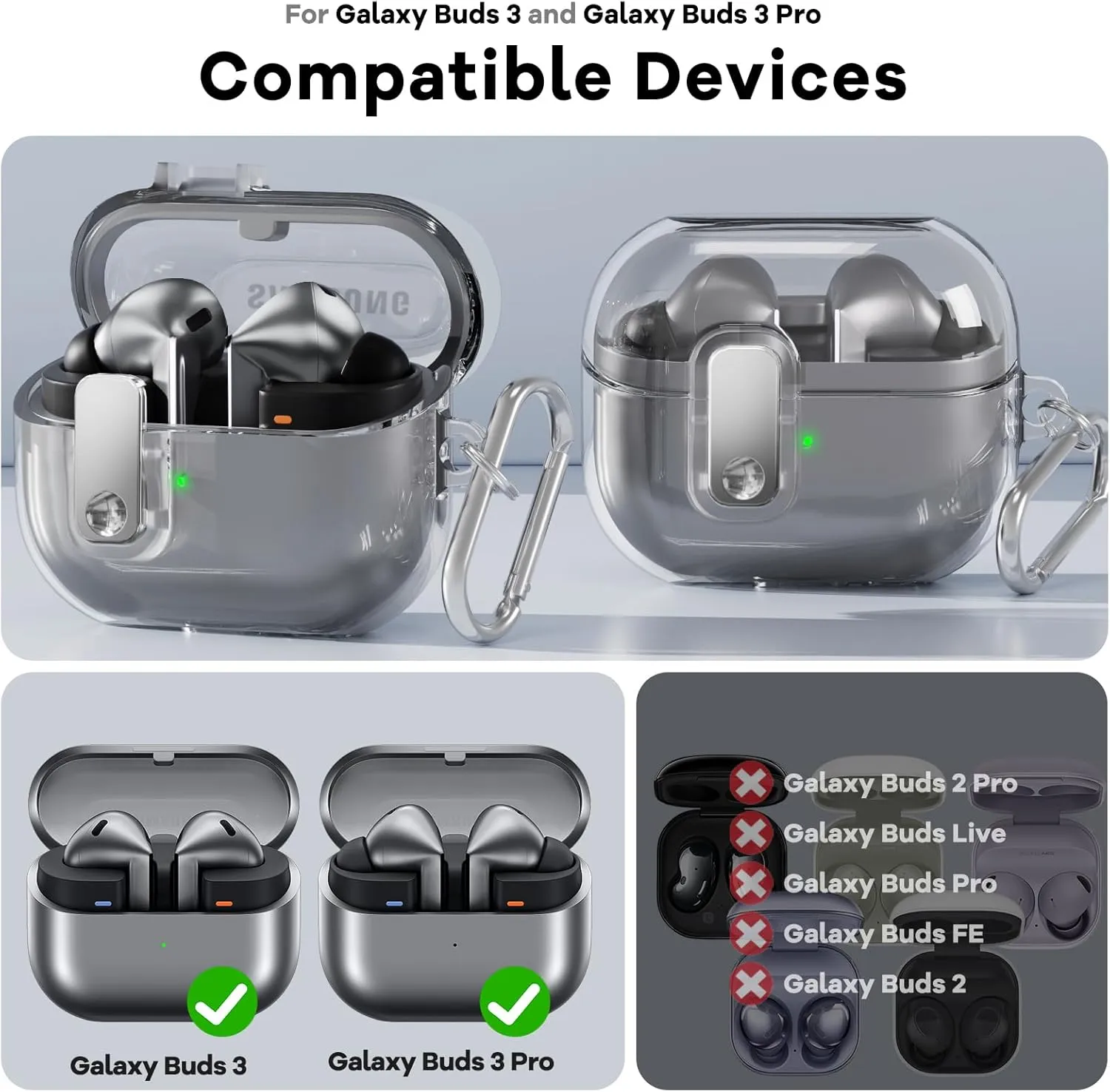 Samsung Galaxy Buds3 Case & Galaxy Buds 3 Pro Case Cover |Anti-drop Anti-scratch Lock Clip Flexible TPU Clear Protection Case with Carabiner-Silver