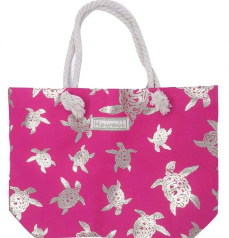 Silver Turtle on Pink Tote Bag with Zipper