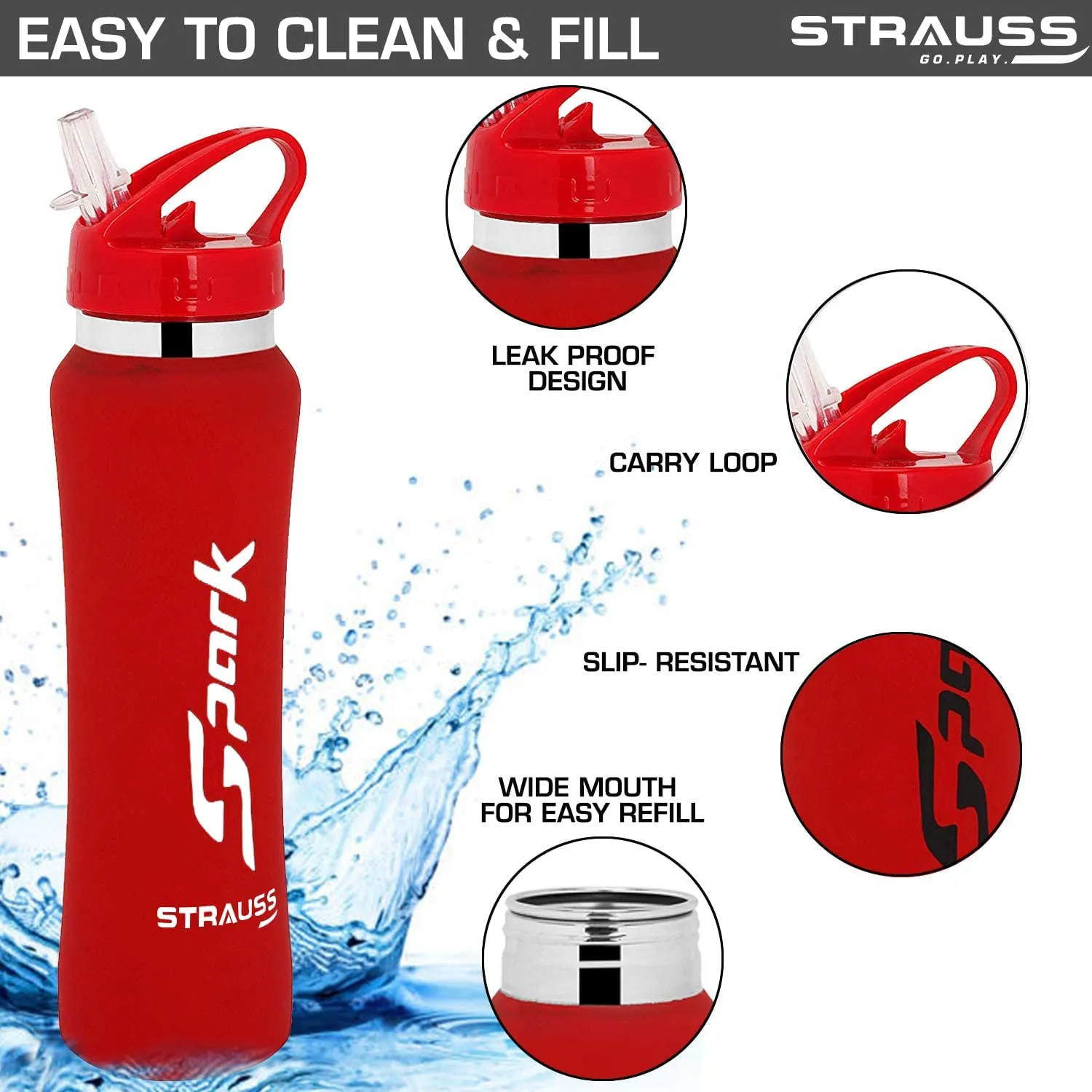 STRAUSS Spark Stainless-Steel Bottle, Rubber Finish, 750 ml, (Red), (Pack of 2)