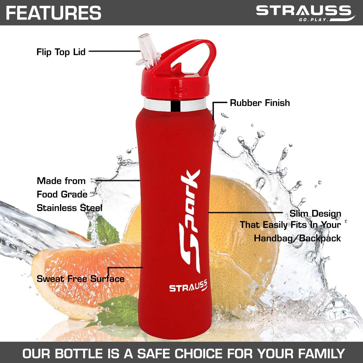 STRAUSS Spark Stainless-Steel Bottle, Rubber Finish, 750 ml, (Red), (Pack of 2)