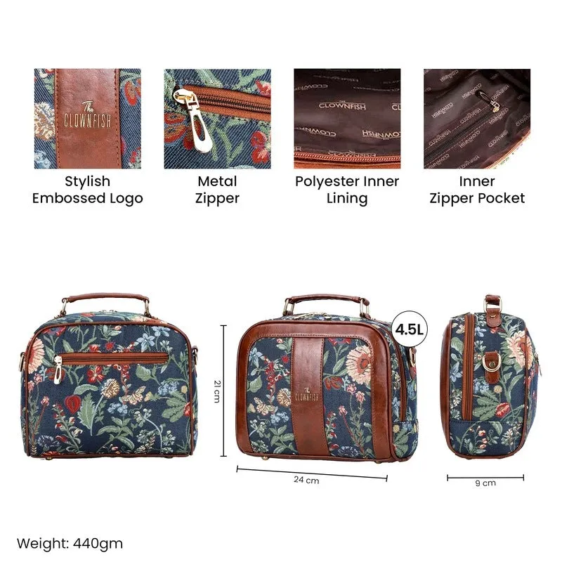 THE CLOWNFISH Elsie Series Tapestry Crossbody Sling Bag for Women Ladies Handbag Single Shoulder Bag with Shoulder Belt (NavyBlue- Floral)