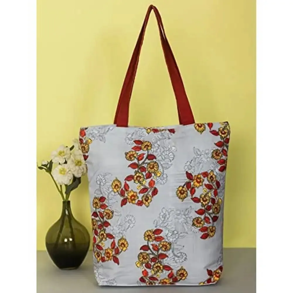 Tikuli Polyester Durable Canvas Large Size Printed Tote Bag for Women with ZIP (Lt Grey)