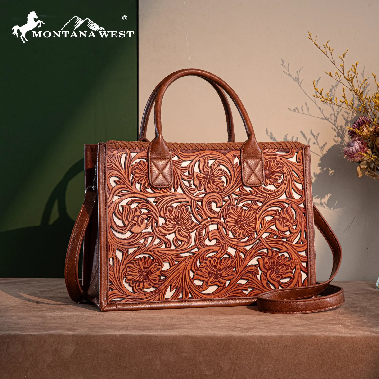 TR186-8122   Trinity Ranch Floral Tooled Concealed Carry Tote/Crossbody