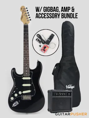 Vintage Coaster Series V60 LEFT HAND S-Style Electric Guitar w/ Kinsman 10-Watt Amplifier, Gig Bag, & Accessories - Boulevard Black