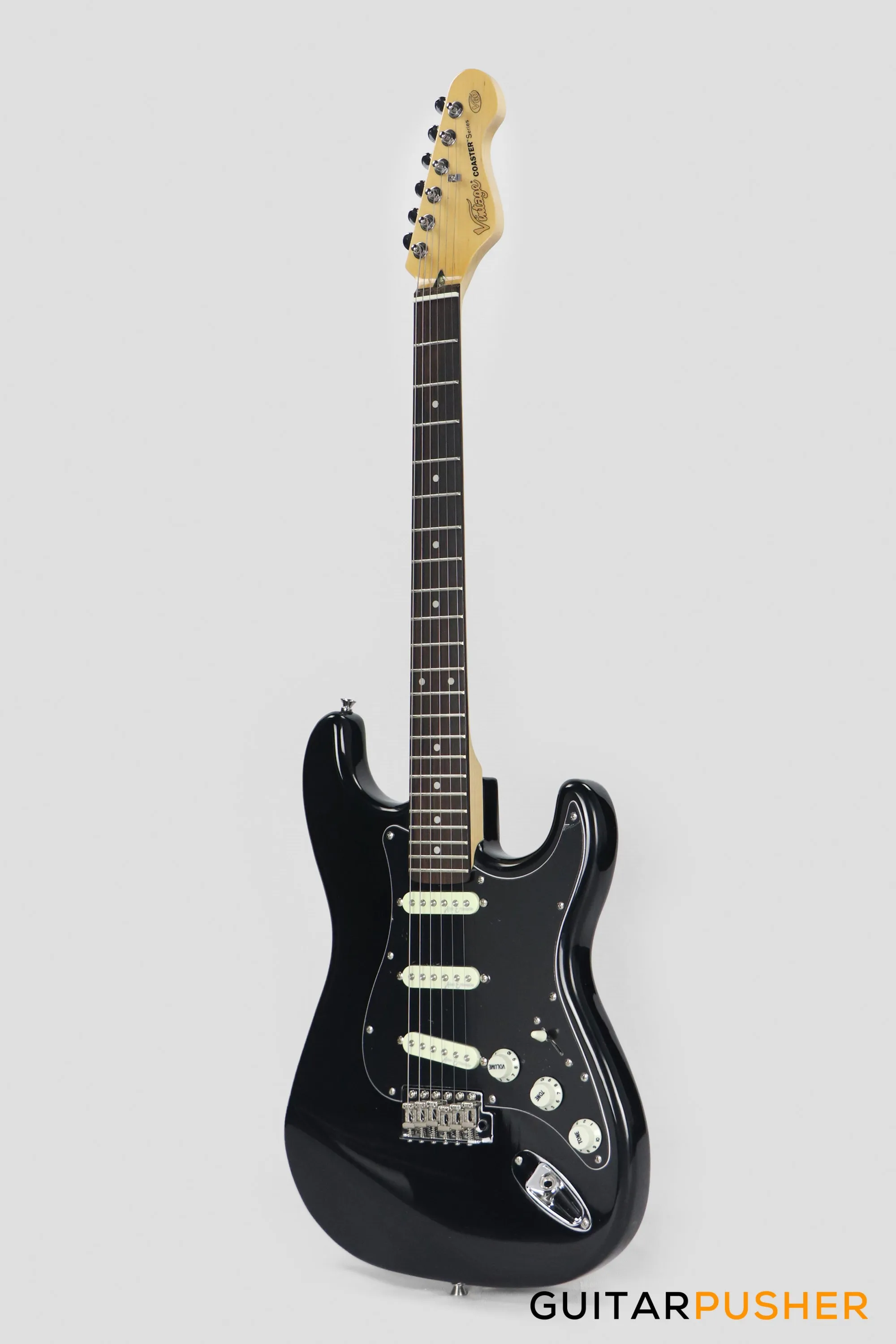 Vintage Coaster Series V60 S-Style Electric Guitar w/ Kinsman 10-Watt Amplifier, Gig Bag, & Accessories - Boulevard Black