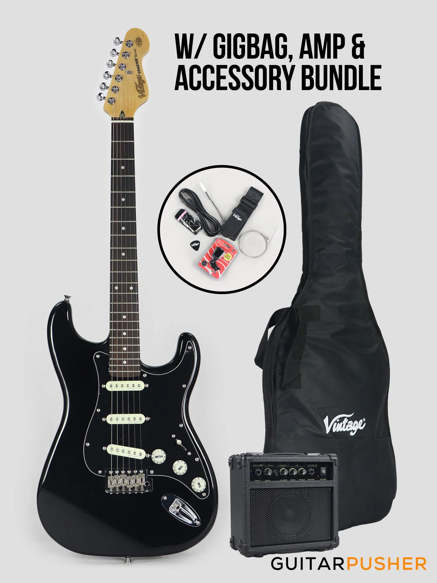 Vintage Coaster Series V60 S-Style Electric Guitar w/ Kinsman 10-Watt Amplifier, Gig Bag, & Accessories - Boulevard Black