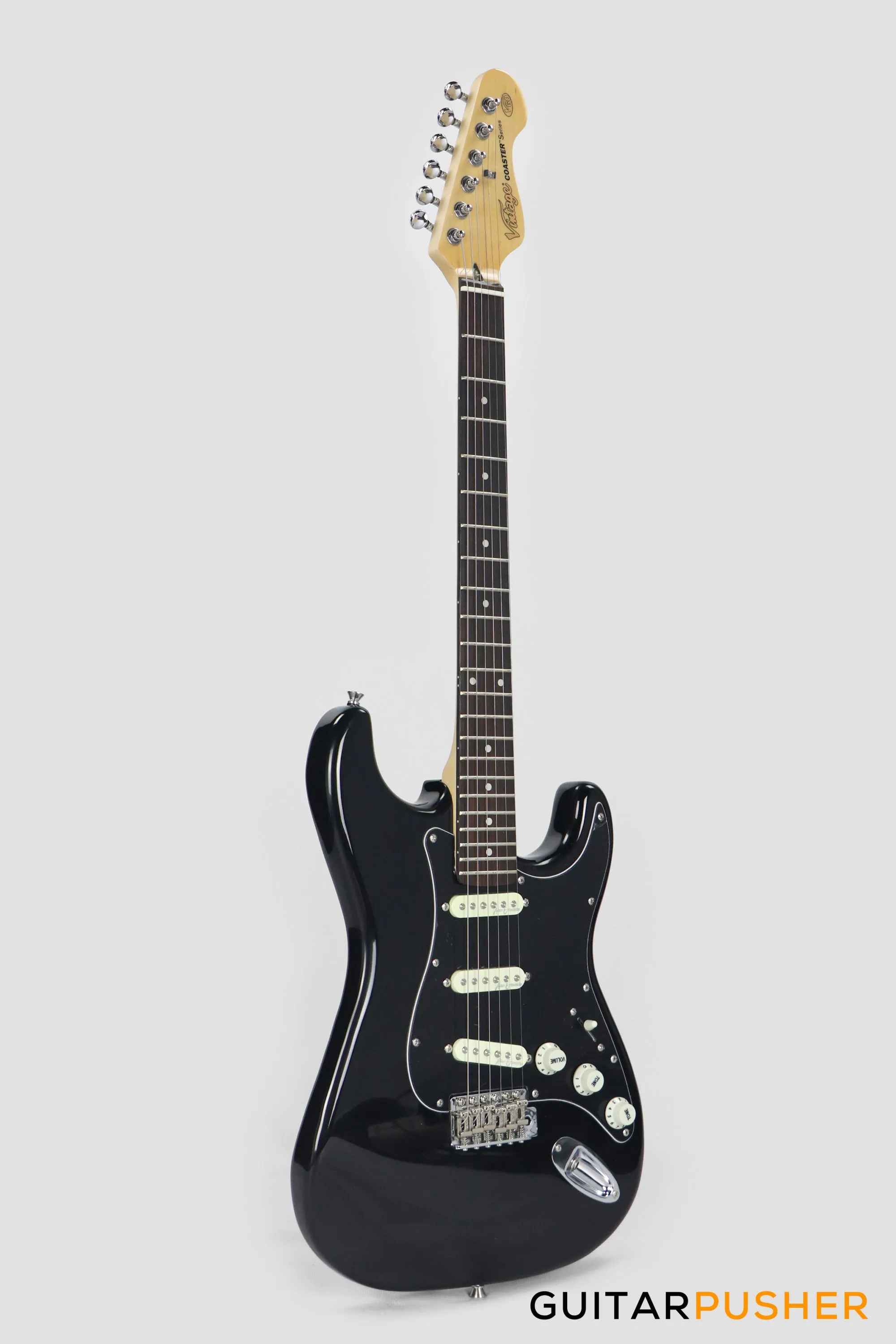 Vintage Coaster Series V60 S-Style Electric Guitar w/ Kinsman 10-Watt Amplifier, Gig Bag, & Accessories - Boulevard Black