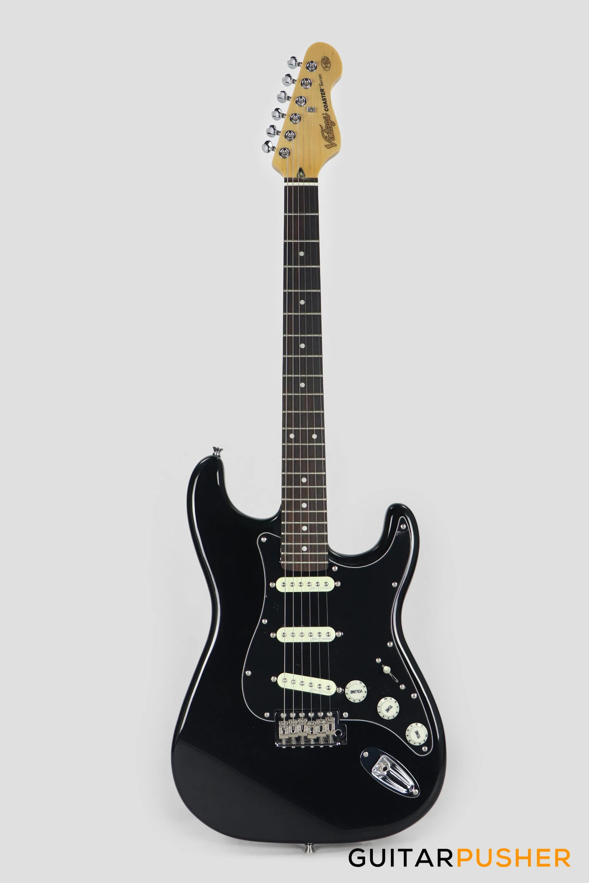 Vintage Coaster Series V60 S-Style Electric Guitar w/ Kinsman 10-Watt Amplifier, Gig Bag, & Accessories - Boulevard Black