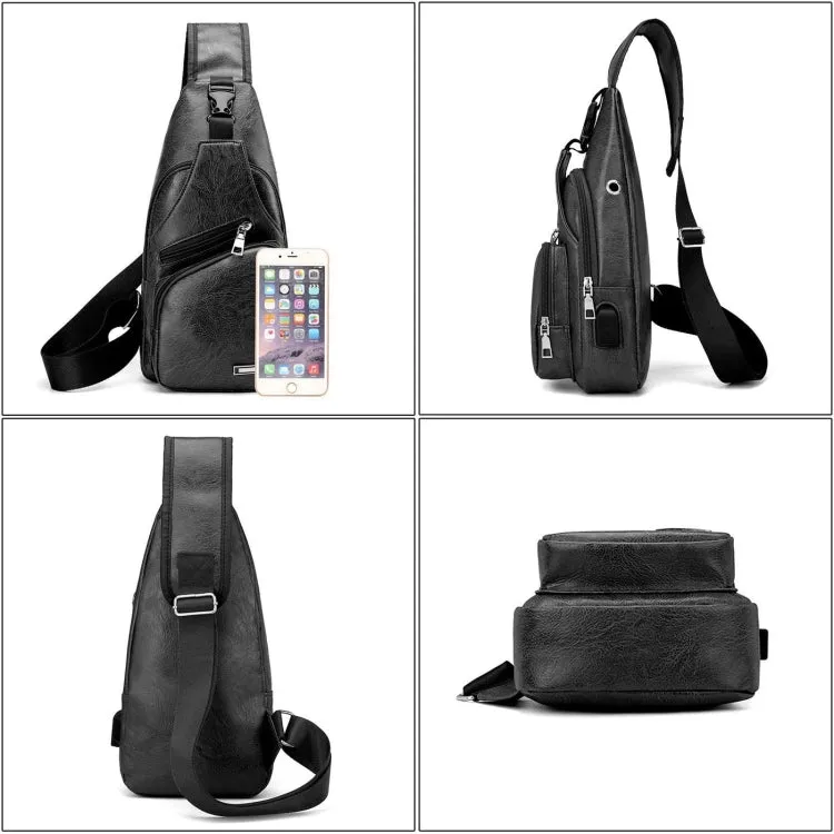 Waterproof Leisure PU Leather Single Shoulder Bag Men Chest Bag with USB Charging Port and Headphone Hole(Black)