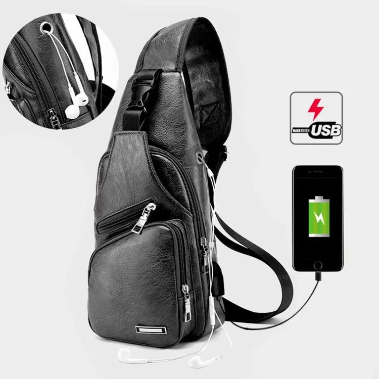 Waterproof Leisure PU Leather Single Shoulder Bag Men Chest Bag with USB Charging Port and Headphone Hole(Black)