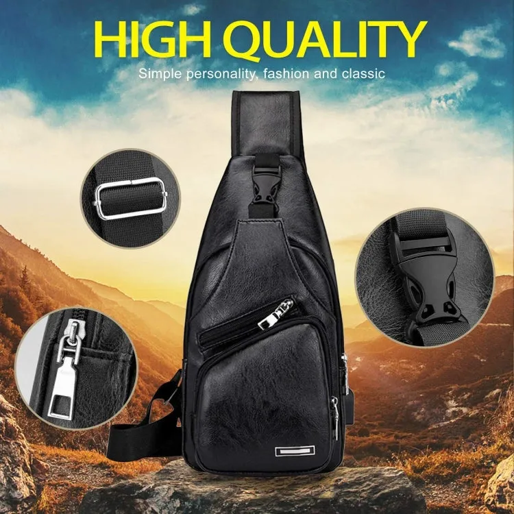 Waterproof Leisure PU Leather Single Shoulder Bag Men Chest Bag with USB Charging Port and Headphone Hole(Black)