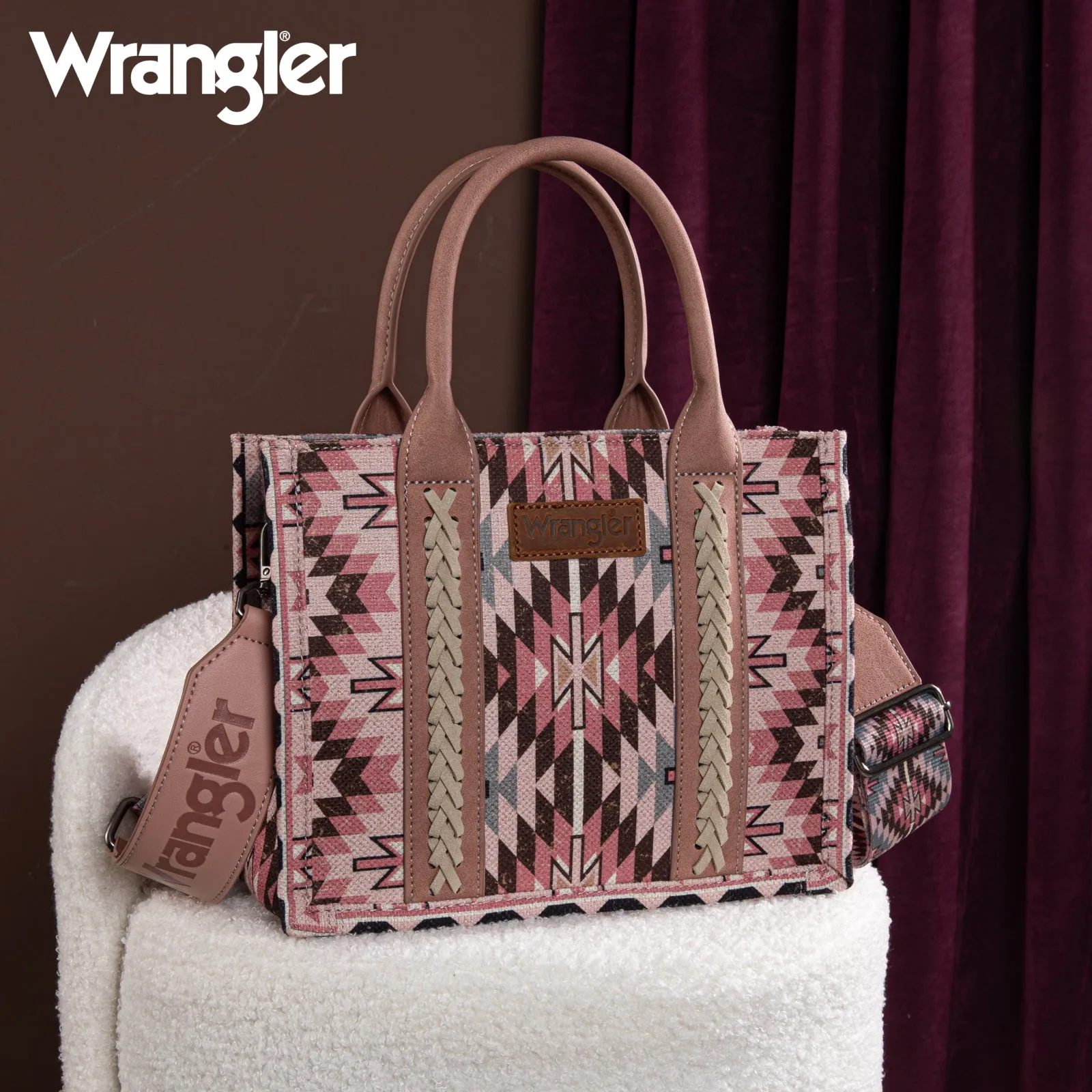 WG2213-8120S  Wrangler Southwestern Pattern Dual Sided Print -Tote/Crossbody - DARK PINK