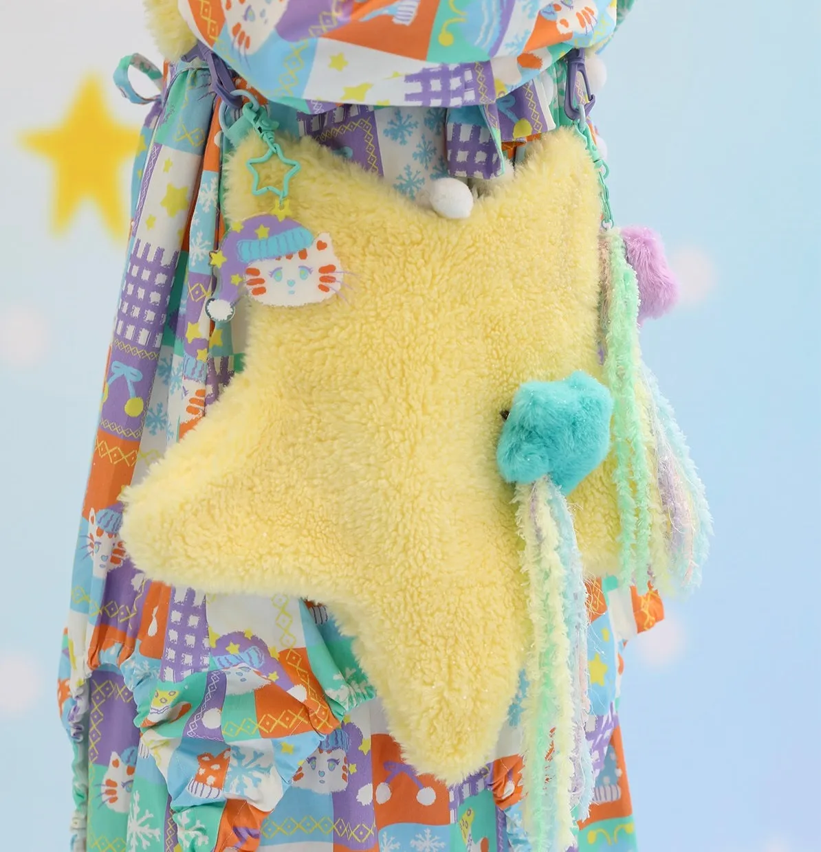 Y2K Pink Blue Yellow Star Fluff Plush 3D Messenger Bag