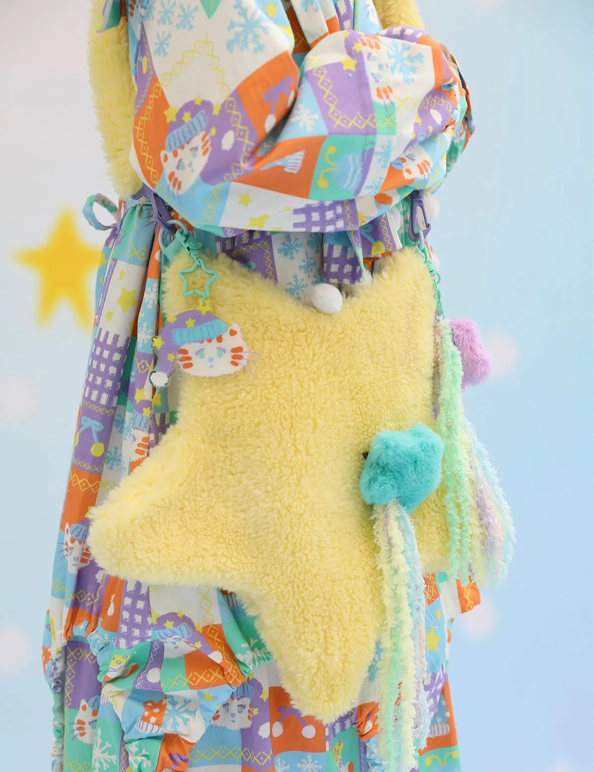 Y2K Pink Blue Yellow Star Fluff Plush 3D Messenger Bag