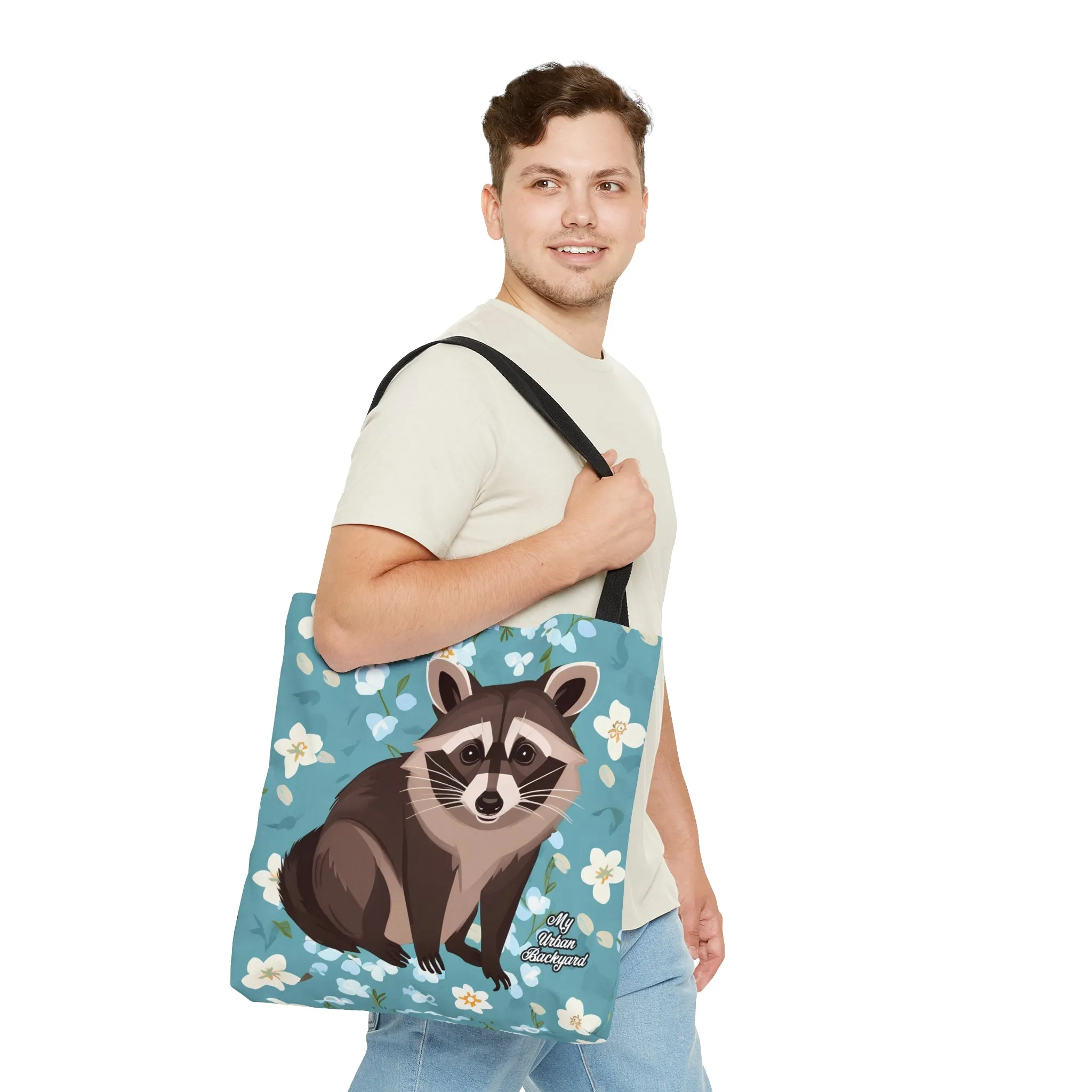 Young Raccoon w Flowers, Tote Bag for Everyday Use - Durable and Functional